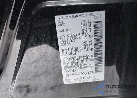 2020 Nissan Pathfinder Sl 4Wd z USA, uszkodzony, nr VIN 5N1DR2CM2LC651176